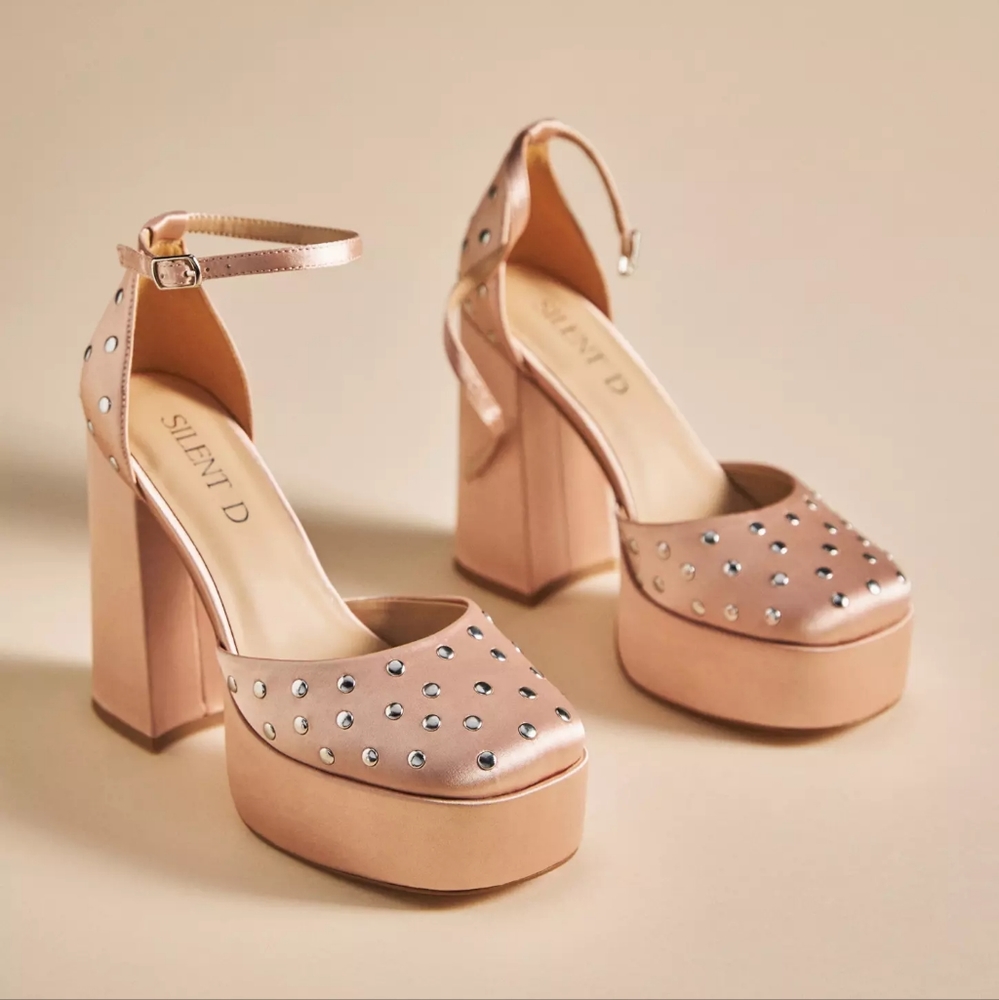 Anthropologie Silent D Grace Mary Jane Heels Rose Satin Pink Embellished